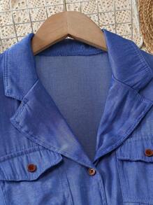 1pc Teen Girl Casual Collared Blue Dress With Belt - Blue - View 3