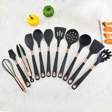 Set de utensilios de cocina de 11 piezas en color oro rosa, utensilios de cocina antiadherentes de silicona con mango de silicona, incluye espátula y soporte, kit de utensilios de cocina y gadgets de silicona - Gris Oscuro - Ver 8