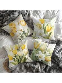 4pcs New Tulip Flower Series Pillow Case, Soft Polyester Plush Cushion Cover For Sofa