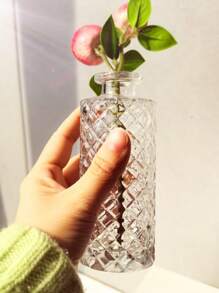 1pc Small Transparent Glass Bottle, Oil Diffuser, Vase With Raised Diamond Pattern Design - Clear - View 3