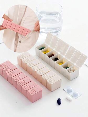 1pc Portable Mini Medicine Storage Box, Transparent Lettered Pill Case, Cute Random Color Weekly Travel Medicine Box Stand, Compartment Organizer Dispenser, 7-Day Independent Compartment Medicine Container For Travel, AM/PM Pill Holder
