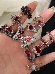 1-11pcs Goth Punk Retro Red Crystal Heart Cross Geometry Asymmetric Open Ring Set Y2K Accessories For Women Kpop Jewelry - Red - View 1
