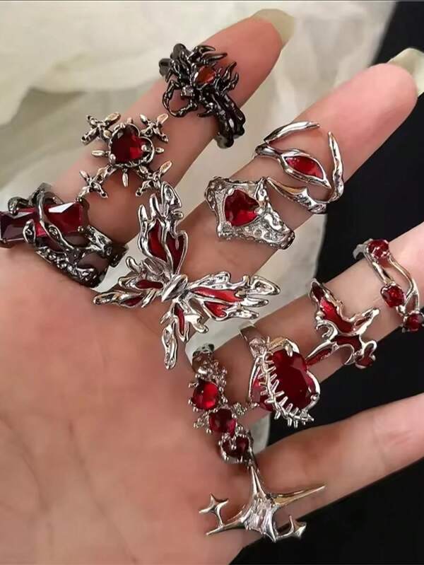 1-11pcs Goth Punk Retro Red Crystal Heart Cross Geometry Asymmetric Open Ring Set Y2K Accessories For Women Kpop Jewelry