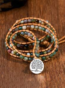 Brazalete de estilo bohemio envolvente de 3 capas con piedra de ágata natural, brazalete de yoga vintage multicapa - multicolor - Ver 8
