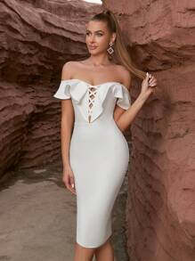 ADYCE Ruffle Ruffled Backless Bandage Bodycon Party Dress For Women, Cocktail Party Gown, Wedding Guest Dress - White - View 5