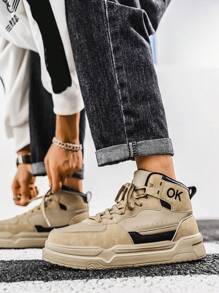 Giày trượt patin đế mềm cổ cao bằng da PU in chữ màu tương phản cho nam, phong cách đường phố, giày thể thao đế bằng buộc dây - kaki - Xem 9