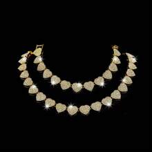 2 件时尚别致的方晶锆石心形吊坠项链和手链套装，嘻哈风格