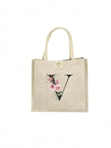 1 pieza Bolso de mano con flor de lino y letra, bolso de gran capacidad sencillo, bolso de almacenamiento casual portátil, bolsa de compras multifuncional, bolsa de regalo personalizada, adecuada para bodas, cumpleaños, playas, festivales, regalos perfectos para mujeres, maestros, amigos, damas de honor, bolsos grandes, estudiantes y vuelta a clases