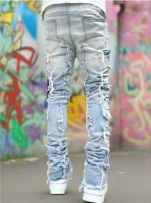 男士修身牛仔裤，做旧磨损下摆，弹性面料，时尚，emo 风格 - 薄荷藍 - 查看 2