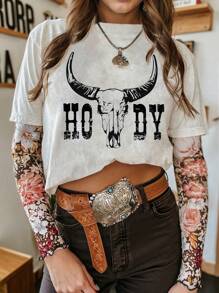 Howdy Western Graphic T-Shirt, Boho Style Women Casual Round Neck Short Sleeve Simple Tee - White - View 1