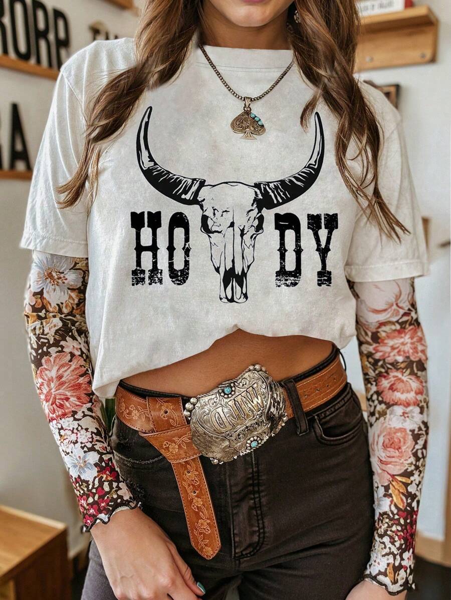 Howdy Western Graphic T-Shirt, Boho Style Women Casual Round Neck Short Sleeve Simple Tee - White - View 1