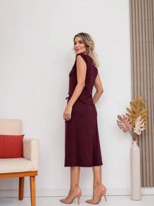 Women's Premium Fleece Midi Skirt Set - 酒紅色 - 查看 2