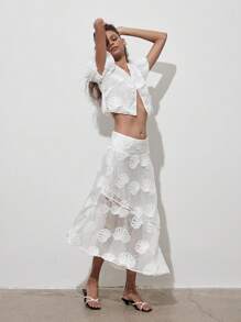 Chaqueta corta romántica con mangas abullonadas y cuello de concha de jacquard - Blanco - Ver 4