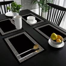 4 件几何图案餐垫，中式亚麻矩形桌面装饰，适合餐桌 - 紅色 - 查看 3