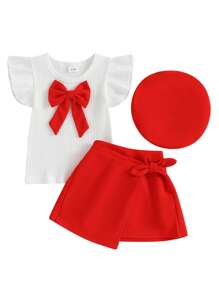 Conjunto de 3 piezas para niña pequeña: blusa de mangas abullonadas con lazo grande, minifalda y boina para el verano - Rojo - Ver 9