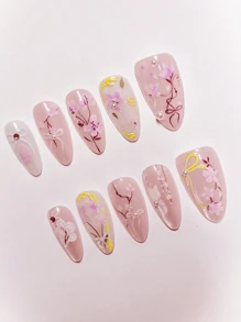 10pcs/Set Reusable Full Cover Almond Shaped Press-On Nails With Cartoon Floral, Branch And Bow Print, Fingertip Sensory Experience