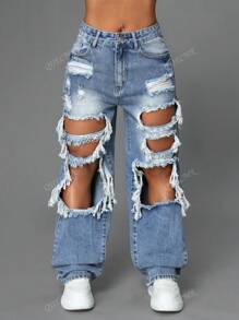 Jeans droits avec poches obliques contrastées et découpes