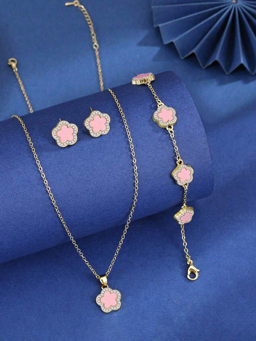 3pcs/Set Bracelet Necklace Stud Earrings For Women 925 Sterling Silver Lucky Jewellery Ladies Fine Jewelry Gift For Girls Getting Married And Engaged Daily Life Dating Decor