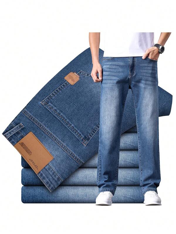 Casual Simple Washed Denim Jeans For Men, Slim Straight Leg Lightweight Business Pants, All-Season