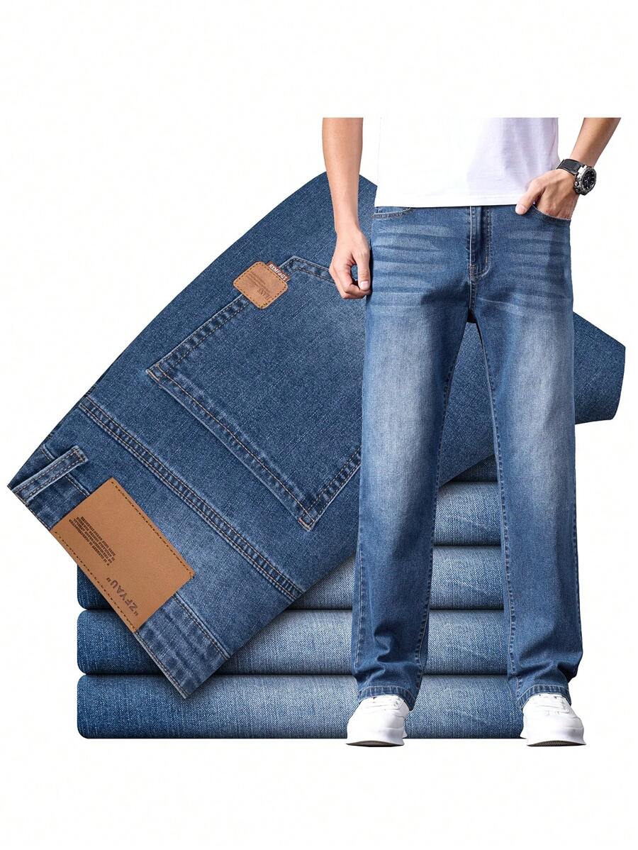 Casual Simple Washed Denim Jeans For Men, Slim Straight Leg Lightweight Business Pants, All-Season - Blue - View 1
