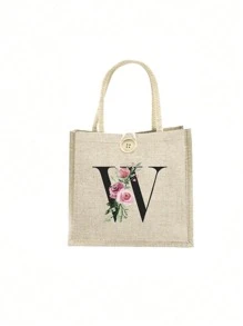 1 pieza Bolso de mano con flor de lino y letra, bolso de gran capacidad sencillo, bolso de almacenamiento casual portátil, bolsa de compras multifuncional, bolsa de regalo personalizada, adecuada para bodas, cumpleaños, playas, festivales, regalos perfectos para mujeres, maestros, amigos, damas de honor, bolsos grandes, estudiantes y vuelta a clases