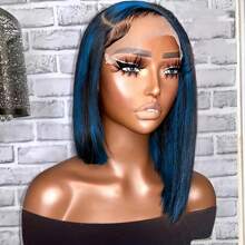 Highlight Blue Straight Bob Cut Hair 13X4 Transparent Frontal Lace Black And Blue Colored Skunk Stripe Human Hair Bob Wig For Women Pre Plucked - Piano Color - View 4