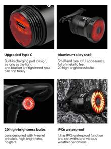 X-TIGER Bicycle Rear Light, Smart Brake Sensor LED Bicycle Taillight, Type-C Data Cable Waterproof Bicycle Backlight, Rechargeable Flashing Red Taillight For Road Cycling Commute