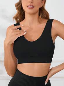 Solid Color Breathable Mesh Yoga Sports Bra With Removable Pads, Shock-Absorbing Wireless