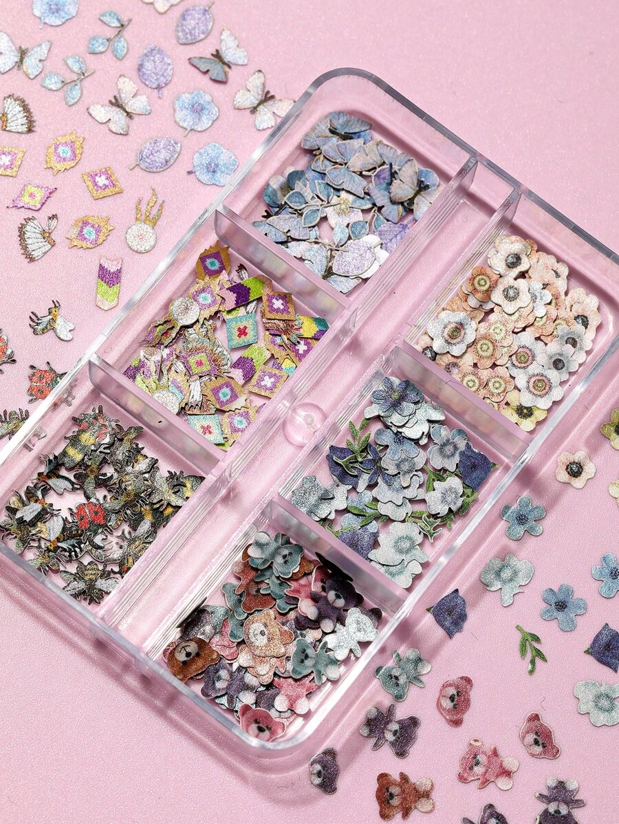 A Box Of Mixed Insect And Animal Wood Pulp Nail Ornaments, Spring Simple Nail Decoration Small Accessories, Women Choose Flowers And Animals Mixed Ornaments