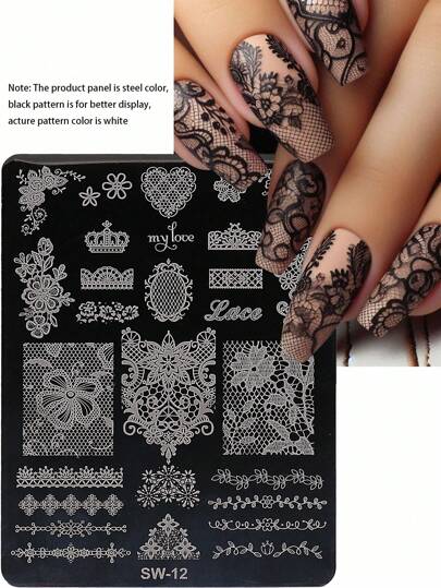 1pc Lace Flower Crown Nail Art Stamping Plate, Elegant Lace Flower Pattern Steel Nail Art Template, DIY Nail Art Stamping Template Nail Art Accessories Tool, Suitable For Nail Salons