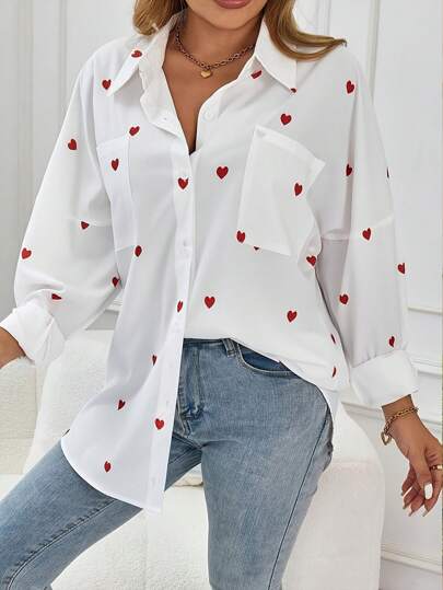Camisa casual de manga larga con bolsillo con estampado de corazones en toda la prenda y botones delanteros para mujer