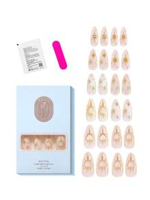 24-Piece French Almond Shaped False Nails Decorative Nail Stickers With 3D Crystal Heart, Hexagon Star, Rhinestone, Gem Marble Design, Jelly Glue & Nail File For Daily, Shopping, Tea Time, Party Press On Nails Nail Supplies Nails - Multicolor - View 7