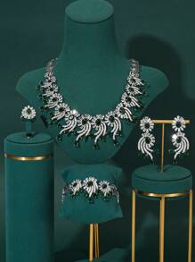 1 Set Luxury Green And Pink Zirconia Copper Silver Plated Necklace, Bracelet, Earrings, Ring Jewelry Set, Elegant Bridal Wedding Accessories, High-End Jewelry Gift Set For Valentine's Day