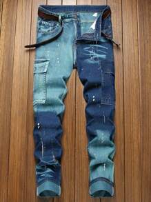 Men's Fashion Splash Ink Two-Tone Cargo Jeans - Dark Wash - View 1