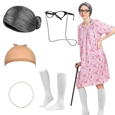 5 Pcs Old Lady Costume Wig Grandma Costume Set Granny Cosplay, Grey Wig Glasses With Chain Necklace Knee-High Socks Outfit (Without Skirt) Prom Halloween
