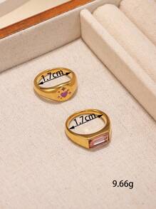 Conjunto de 2 peças de anel de aço inoxidável com incrustações de pedras roxas douradas e formato redondo, adequado para decoração diária feminina ou presente