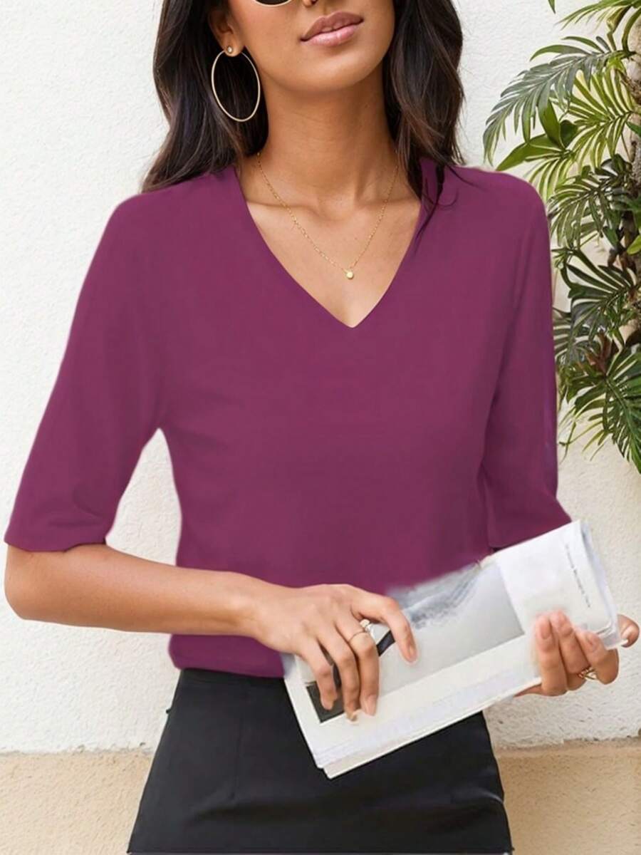 GEREARC Women's V Neck T Shirts Summer Tees Casual Half Sleeve Tops - Màu đỏ tía - Xem 1