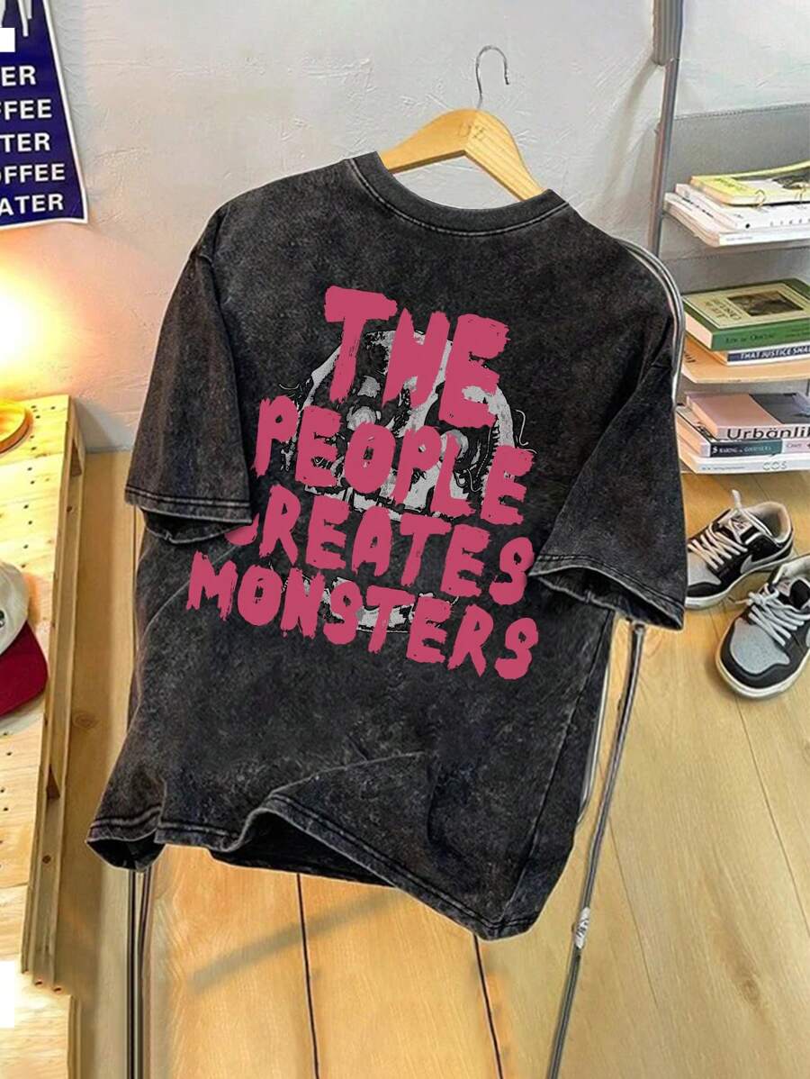 男士复古仿旧骷髅与字母印花休闲圆领 T 恤