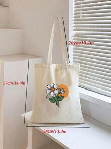 新款米色时尚植物图案印花手提包，容量大，款式方便，适合学校、校园、图书馆、购物、旅行、户外、休闲 - 米色 - 查看 2