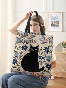 Cat Pattern Double-Sided Printed Linen Shoulder Tote Bag Shopping Bag Shoulder Bag Casual Travel Beach Bag Large Capacity Reusable Shoulder Shopping Bag