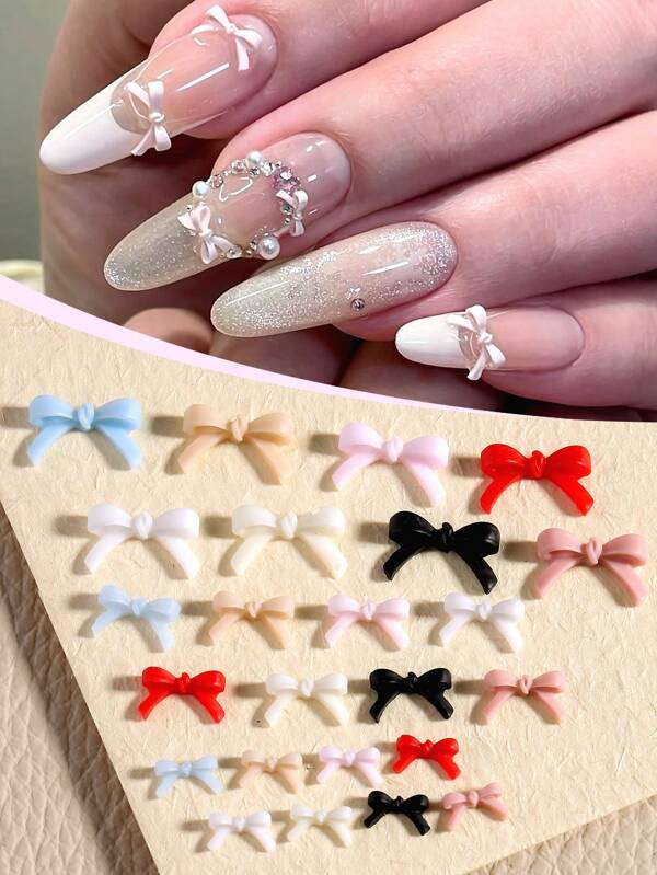 100Pcs 3 Sizes Bow Nail Charms Bulk Mix Colors 3D Flatback Resin Ribbon Nail Art Decorations Parts Diy Summer Nail Art Accessories Nail Supplies Nails Nail Gems