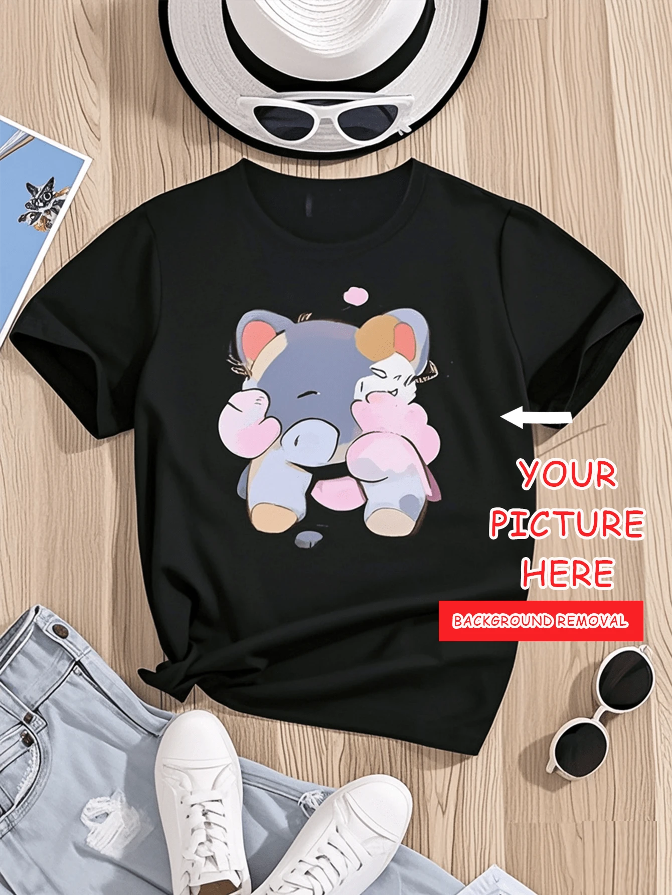 Personalized Pattern Custom T-Shirt For Girls, Spring/Summer Girl's T-Shirt Customized, Customize Your Selfie/Family/Friends/Pet, Birthday/Anniversary/Holiday Pattern Custom, Team/Outdoor Uniforms Custom, Personalized Round Neck Short Sleeve Girls T-Shirt Black Top Customized, Holiday/Birthday/1st Birthday Gift