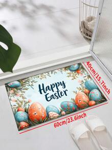 1pc 'Blue Background, Colored Eggs, Grass Leaf Border, Easter' Doormat, Indoor Mat, Throw Rug, Creative Door Mat, Entryway Themed Mat, Home Decor, Non-Slip Floor Rug Mat, Bedroom Accessories, Photo Props, Outdoor Decor, Throw Rug, Area Rug, Gift