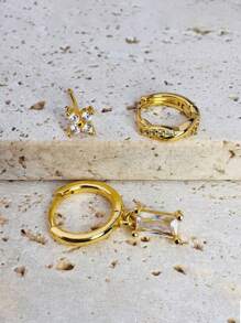 3pcs Zirconia Stud Earrings Set, 14K Gold Plated Zirconia Classic Pendant Flower Hoop Earrings, Low Allergy Earrings For Multiple Ear Piercings, Suitable For Daily Wear And Parties