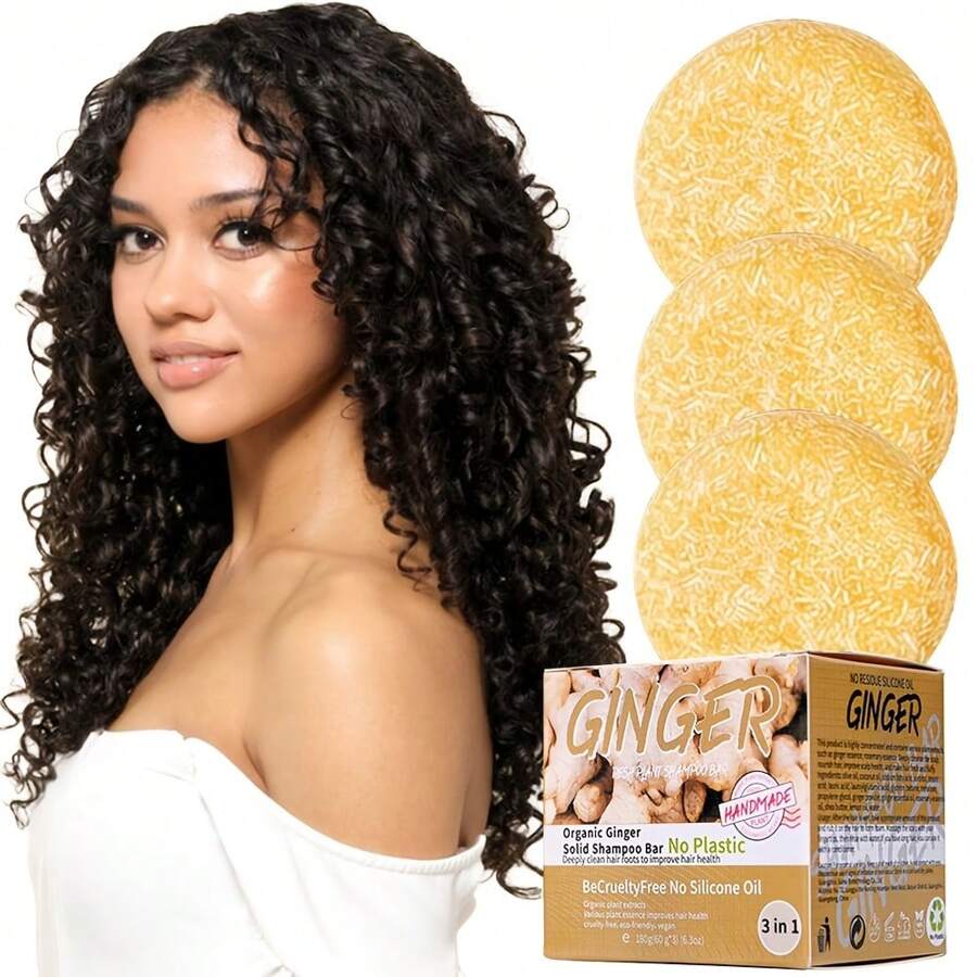 60g 3PCS Ginger Shampoo Soap, Deep Cleans Hair, Oil Control, Anti-Frizz, Scalp Cleansing, Makes Hair Surface Smooth And Silky, Natural Plant Essential Oil Soap, Suitable For Men And Women, Suitable For All Hair Types.