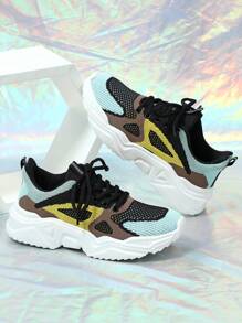 Zapatos cómodos y flexibles para correr y deportes de ocio, con diseño de parchwork en negro y amarillo, transpirables y ligeros, adecuados para parejas