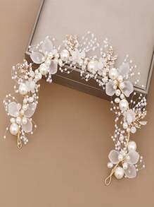 一套人造珍珠花冠+手链，可调节花朵头饰，手工发饰，腕花冠，适用于婚礼、派对、生日（白色，可调节）情人节配饰 - 金色 - 查看 3