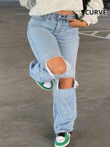 Plus Size Women's Casual Washed Mid-Rise Pocket Ripped Frayed Loose Boyfriend Straight Leg Jeans - Rửa nhẹ - Xem 1