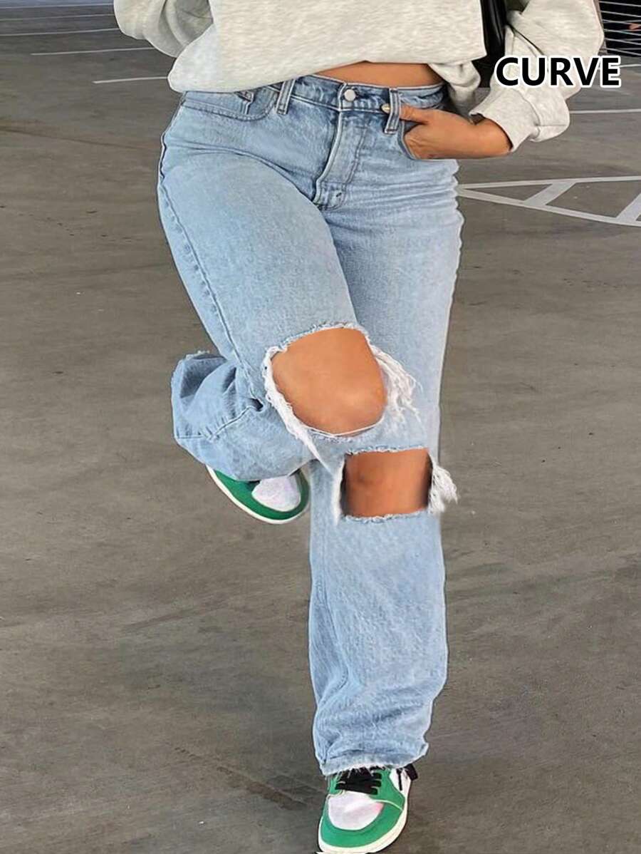Plus Size Women's Casual Washed Mid-Rise Pocket Ripped Frayed Loose Boyfriend Straight Leg Jeans - Rửa nhẹ - Xem 1