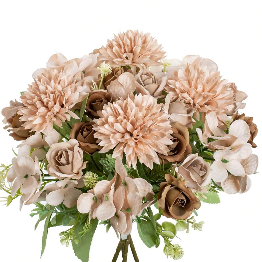 1 件/3 件人造玫瑰花丝绸绣球花束假茶玫瑰适合秋季婚礼花瓶用于家庭餐厅卧室装饰、节日生日派对配件、户外花园装饰 - 咖色 - 查看 1